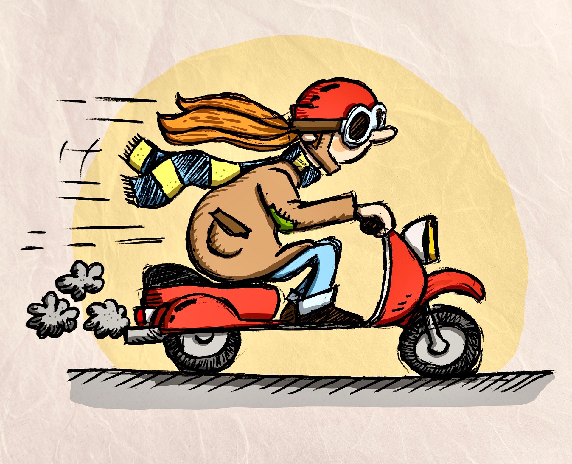 A cartoon character with a scarf rides a red scooter, speeding through a sunny background.